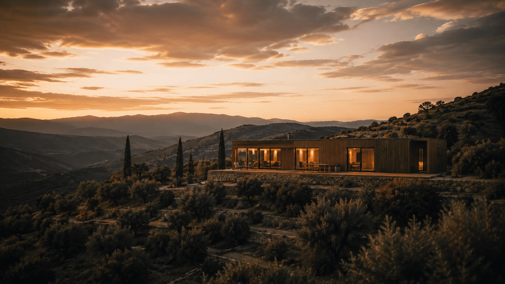 Terra Viva modular home at dusk on a Spanish hillside
