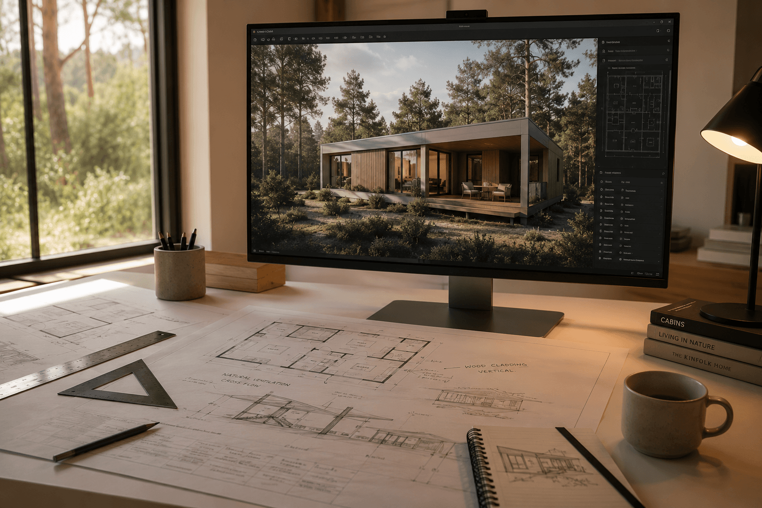 Architectural 3D render of a Terra Viva module on a designer workstation