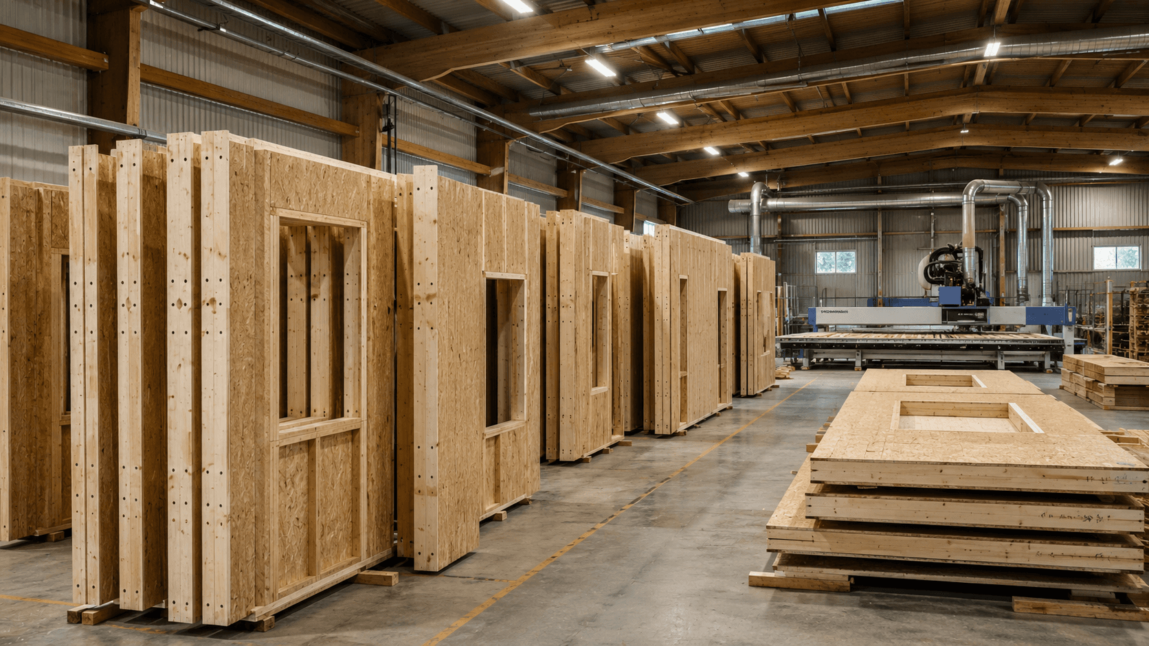 Precision-cut timber wall panels inside the Terra Viva factory